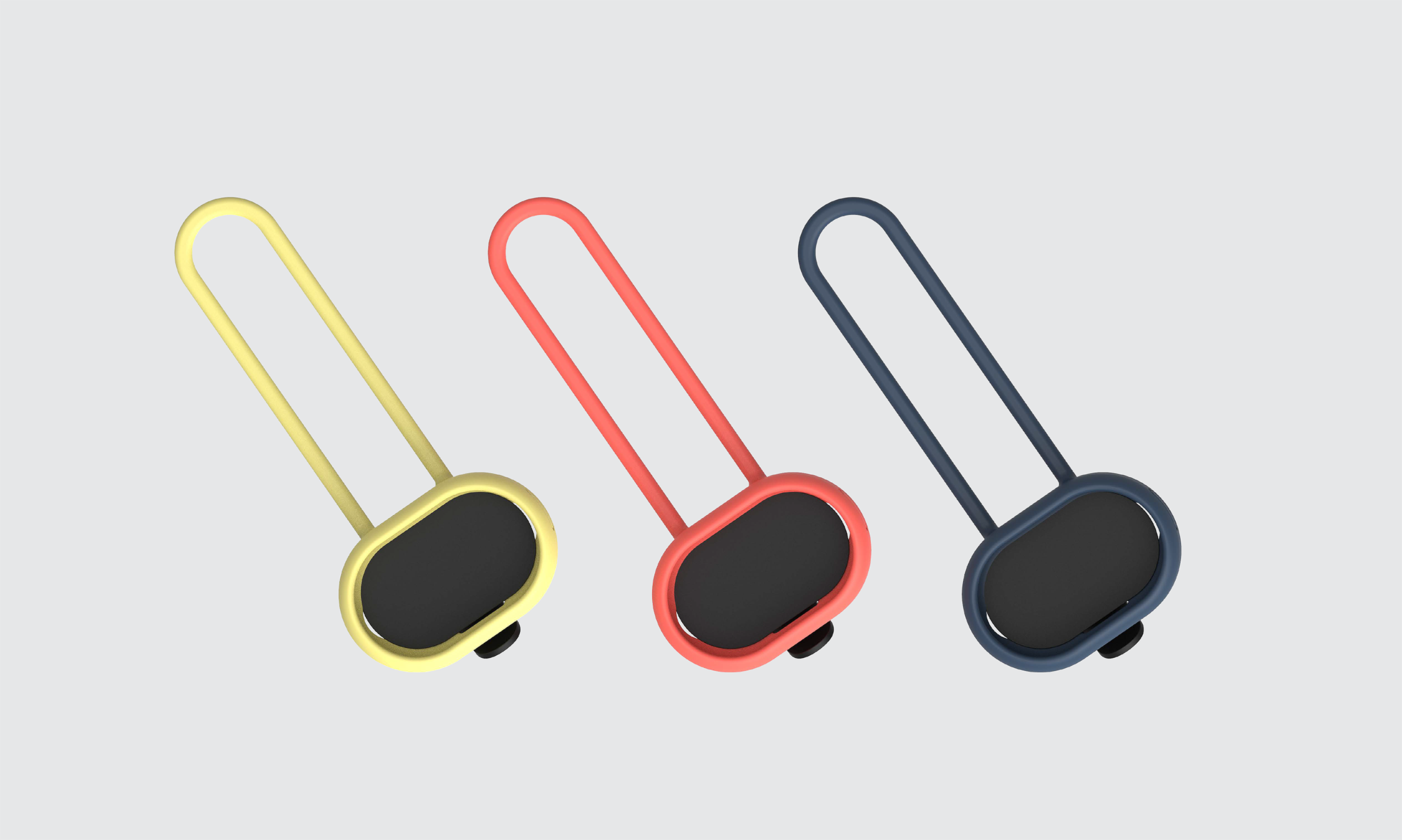 Renderings of 3 different color way, yellow, red, and navy, for the elastic bike mount.